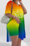 Casual Graphics Print V Neck Short Sleeve Longline Slit Oversize T-shirt And Shorts Two Pieces Shorts Sets