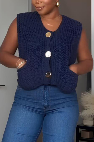 Casual Sleeveless O Neck Buttons Knitted Cropped Vest