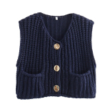 Casual Sleeveless O Neck Buttons Knitted Cropped Vest