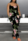 Casual Floral Print Sleeveless U Neck Pocket Loose Harem Leg Cami Jumpsuits
