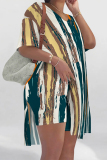 Casual Graphics Print V Neck Short Sleeve Longline Slit Oversize T-shirt And Shorts Two Pieces Shorts Sets