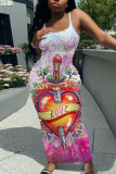 Halloween Outfits Skull Flower Print Sleeveless Backless U Neck Plus Size Bodycon Maxi Slip Dress