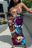 Halloween Outfits Skull Flower Print Sleeveless Backless U Neck Plus Size Bodycon Maxi Slip Dress