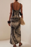 Leaf Print Backless Sleeveless Hollow Out Front Slit Long Vacation A Line Maxi Slip Dresses
