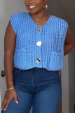 Casual Sleeveless O Neck Buttons Knitted Cropped Vest