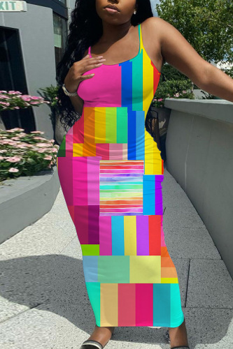 Casual Graphics Print Sleeveless Backless Spaghetti Strap U Neck Vacation Bodycon Maxi Slip Dress
