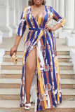Casual Graphics Print V Neck Half Sleeve Front Slit Belted Long Vacation Plus Size A Line Maxi Dresses