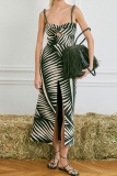Leaf Print Backless Sleeveless Hollow Out Front Slit Long Vacation A Line Maxi Slip Dresses