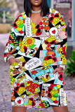 Halloween Costumes Graphics Print V Neck Long Sleeve Loose Pockets Straight Midi Dress