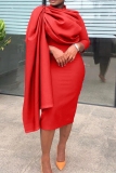 Formal Turtleneck Irregular Sash Evening Party Wedding Ruched Bodycon Midi Mother of the Bride Dresses