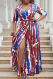 Casual Graphics Print V Neck Half Sleeve Front Slit Belted Long Vacation Plus Size A Line Maxi Dresses