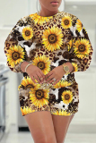 Casual Floral Print O Neck Short Sleeve Sweatshirt And Shorts Two Pieces Shorts Sets
