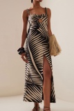 Leaf Print Backless Sleeveless Hollow Out Front Slit Long Vacation A Line Maxi Slip Dresses