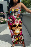 Halloween Outfits Skull Flower Print Sleeveless Backless U Neck Plus Size Bodycon Maxi Slip Dress