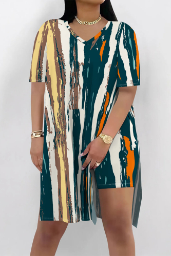 Casual Graphics Print V Neck Short Sleeve Longline Slit Oversize T-shirt And Shorts Two Pieces Shorts Sets