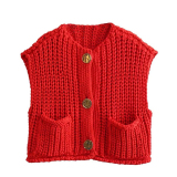 Casual Sleeveless O Neck Buttons Knitted Cropped Vest