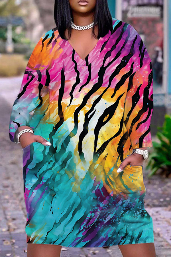 Casual Graphics Print Basic V Neck Short Sleeve Pockets Plus Size T-shirt Midi Dresses
