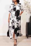 Tie Dye Print Turndown Collar Half Sleeve Pocket Buckle Long Loose Vacation Maxi Shirt Dresses