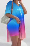 Casual Graphics Print V Neck Short Sleeve Longline Slit Oversize T-shirt And Shorts Two Pieces Shorts Sets