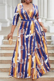Casual Graphics Print V Neck Half Sleeve Front Slit Belted Long Vacation Plus Size A Line Maxi Dresses