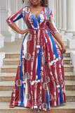 Casual Graphics Print V Neck Half Sleeve Front Slit Belted Long Vacation Plus Size A Line Maxi Dresses