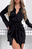 Formal Turndown Collar Buttons Belted Evening Party Ruched Shirt Mini Dresses
