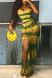Ombre Print Sleeveless Backless Cross Straps Side Slit Long Formal Evening Party Bodycon Maxi Slip Dresses