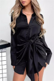 Formal Turndown Collar Buttons Belted Evening Party Ruched Shirt Mini Dresses