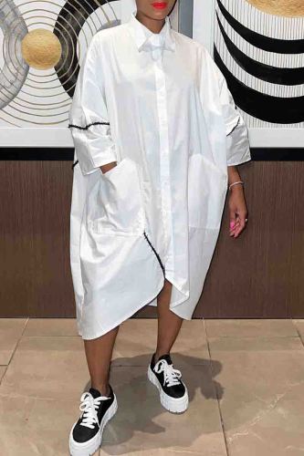 Street Turndown Collar Nine Points Sleeve Pocket Buckle Irregular Loose Vacation Maxi Shirt Dresses