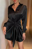 Formal Turndown Collar Buttons Belted Evening Party Ruched Shirt Mini Dresses