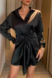 Formal Turndown Collar Buttons Belted Evening Party Ruched Shirt Mini Dresses