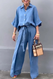 Casual Shirt Collar 3/4 Sleeve Buttons Blouse And Overlay Wide Leg Pants Vacation Two Pieces Trouser Sets