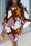 Floral Print Off Shoulder Cape Sleeve Wrapped Skirt Bodycon Mini Dresses