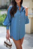 Casual Turndown Collar Lantern Sleeve Buttons Office Lady Vacation Fall Denim Shirt