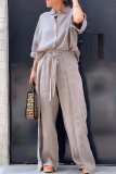Casual Shirt Collar 3/4 Sleeve Buttons Blouse And Overlay Wide Leg Pants Vacation Two Pieces Trouser Sets