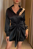 Formal Turndown Collar Buttons Belted Evening Party Ruched Shirt Mini Dresses