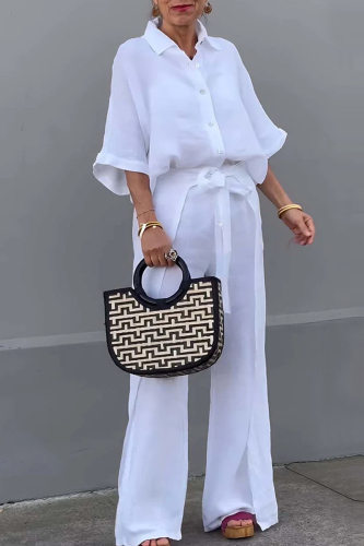 Casual Shirt Collar 3/4 Sleeve Buttons Blouse And Overlay Wide Leg Pants Vacation Two Pieces Trouser Sets