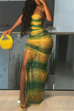 Ombre Print Sleeveless Backless Cross Straps Side Slit Long Formal Evening Party Bodycon Maxi Slip Dresses