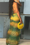 Ombre Print Sleeveless Backless Cross Straps Side Slit Long Formal Evening Party Bodycon Maxi Slip Dresses