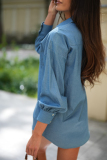 Casual Turndown Collar Lantern Sleeve Buttons Office Lady Vacation Fall Denim Shirt