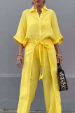 Casual Shirt Collar 3/4 Sleeve Buttons Blouse And Overlay Wide Leg Pants Vacation Two Pieces Trouser Sets