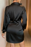 Formal Turndown Collar Buttons Belted Evening Party Ruched Shirt Mini Dresses