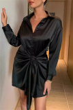 Formal Turndown Collar Buttons Belted Evening Party Ruched Shirt Mini Dresses