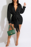 Formal Turndown Collar Buttons Belted Evening Party Ruched Shirt Mini Dresses