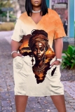 Casual Graphics Print Basic V Neck Short Sleeve Loose Pockets Straight Midi T-Shirt Dress
