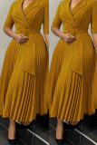 Formal Turndown Collar Half Sleeve With Belt Office Lady Pleated A Line Maxi Dresses