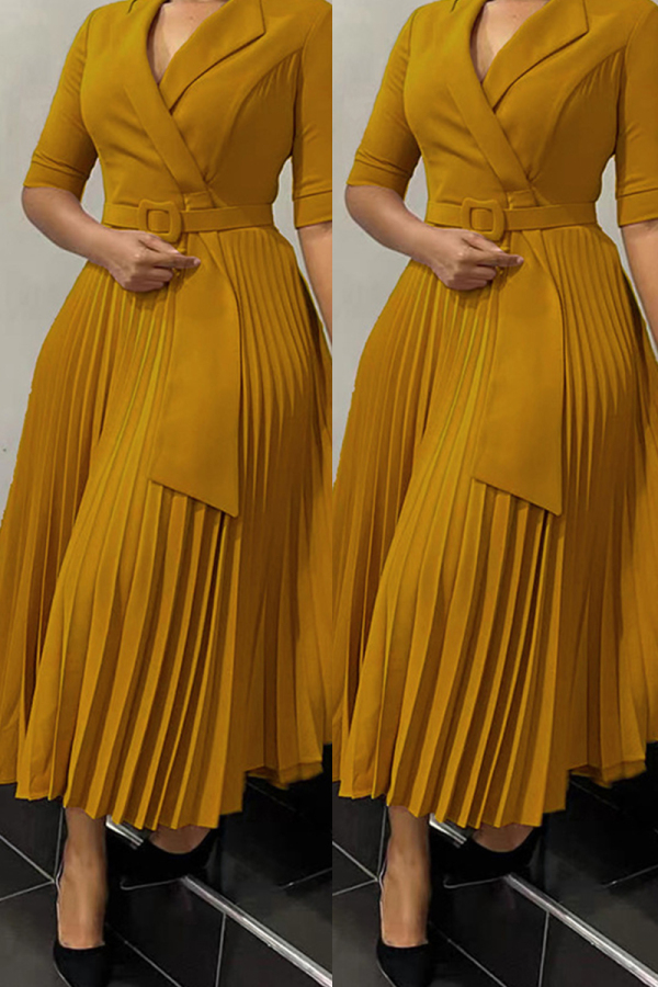 Formal Turndown Collar Half Sleeve With Belt Office Lady Pleated A Line Maxi Dresses