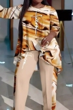 Casual Graphics Print Long Sleeve O Neck Irregular Tops And Wide Leg Pants Plus Size Two Pieces Trouser Sets