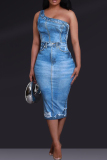 Denim Color Print Single Sleeve Backless Oblique Collar Bodycon Midi Dresses