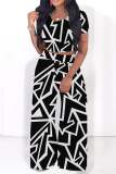 Casual Geometric Print O Neck Short Sleeve Crop Tops And Wide Leg Pants Vacation Two Pieces Trouser Sets